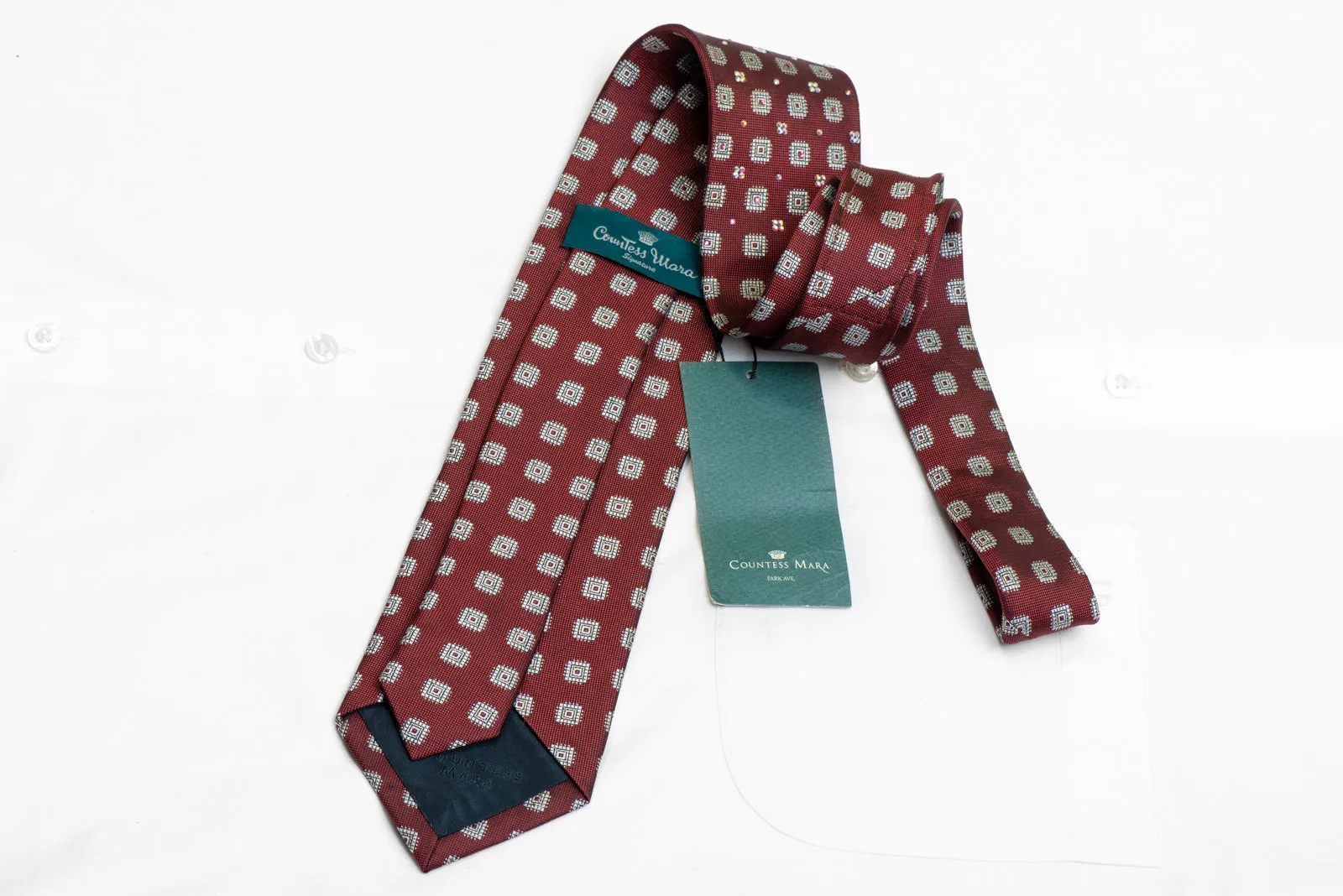 Silver Geometric Squares On Burgundy Rhinestone Silk Necktie With Sparkles