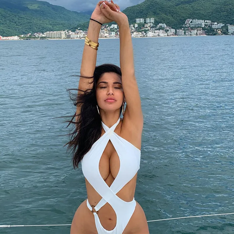 Solid Halter One Piece Sexy Hollow Out Swimsuit