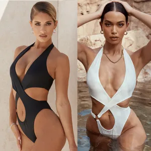 Solid Halter One Piece Sexy Hollow Out Swimsuit