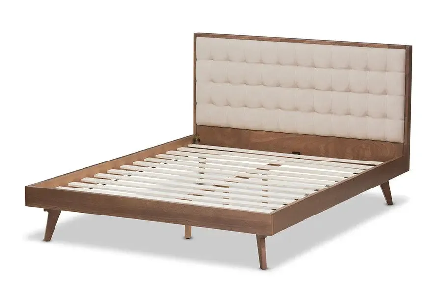 Soloman Light Beige Fabric & Walnut Brown Finished Wood Platform Bed (Queen)