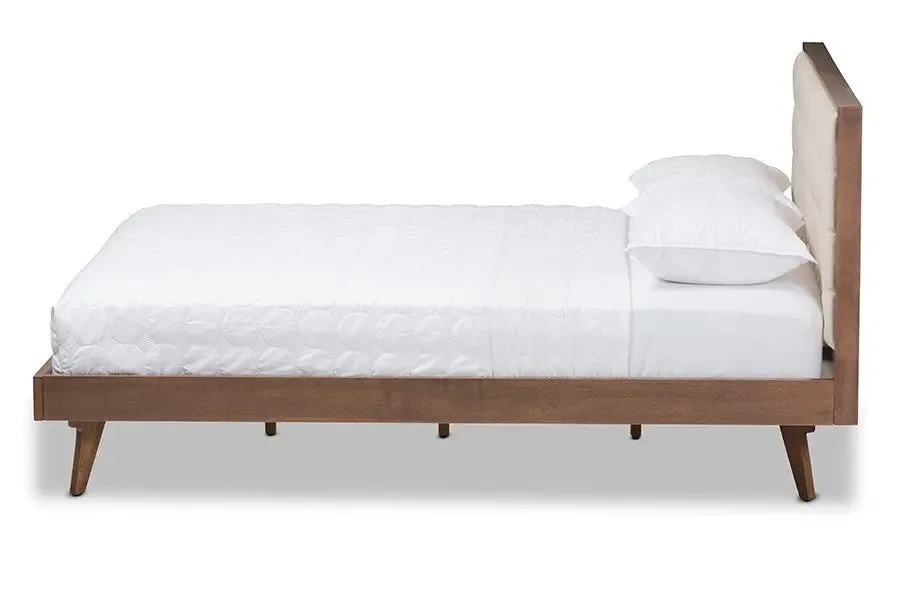 Soloman Light Beige Fabric & Walnut Brown Finished Wood Platform Bed (Queen)