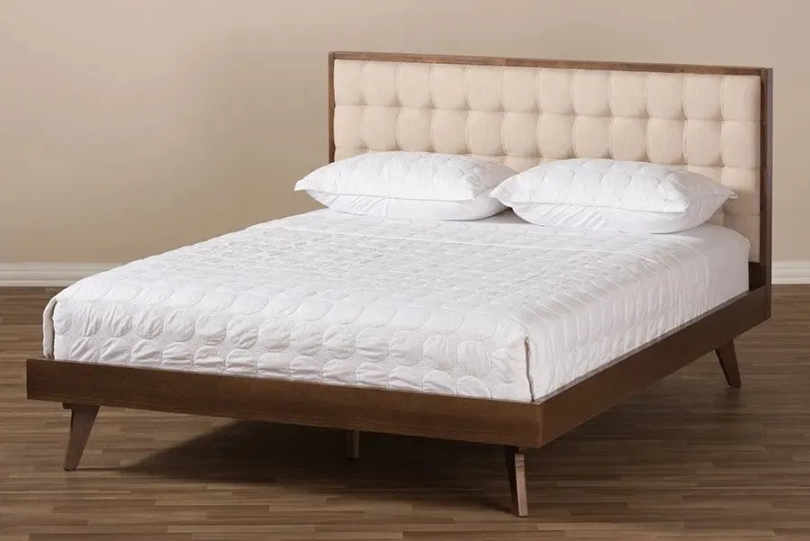 Soloman Light Beige Fabric & Walnut Brown Finished Wood Platform Bed (Queen)