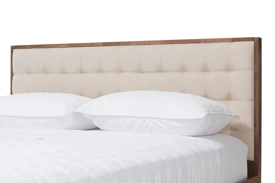 Soloman Light Beige Fabric & Walnut Brown Finished Wood Platform Bed (Queen)