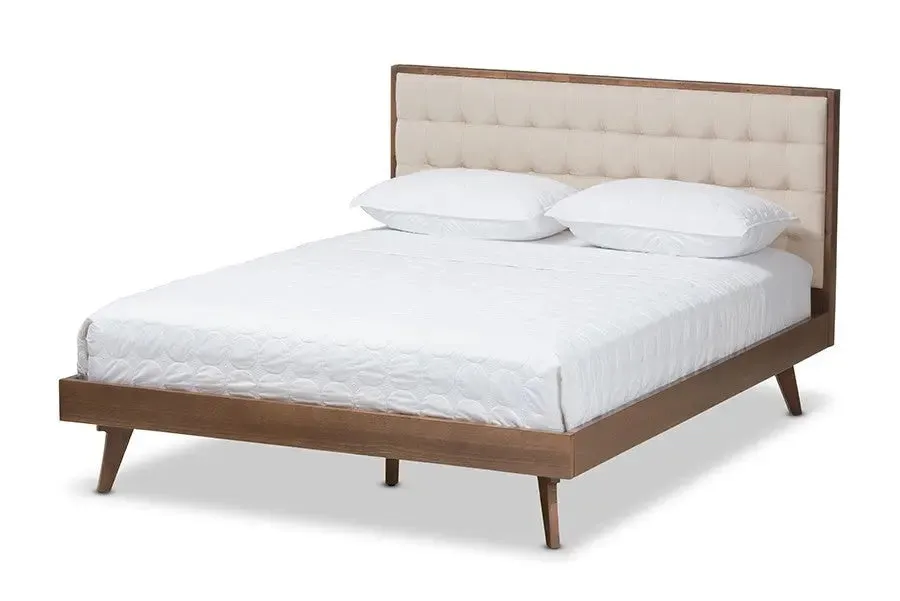 Soloman Light Beige Fabric & Walnut Brown Finished Wood Platform Bed (Queen)
