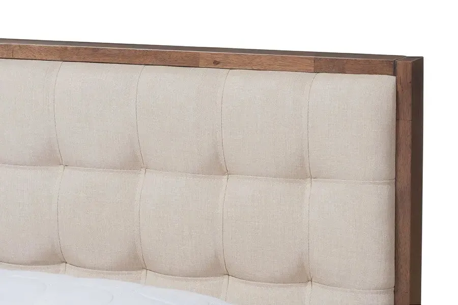 Soloman Light Beige Fabric & Walnut Brown Finished Wood Platform Bed (Queen)