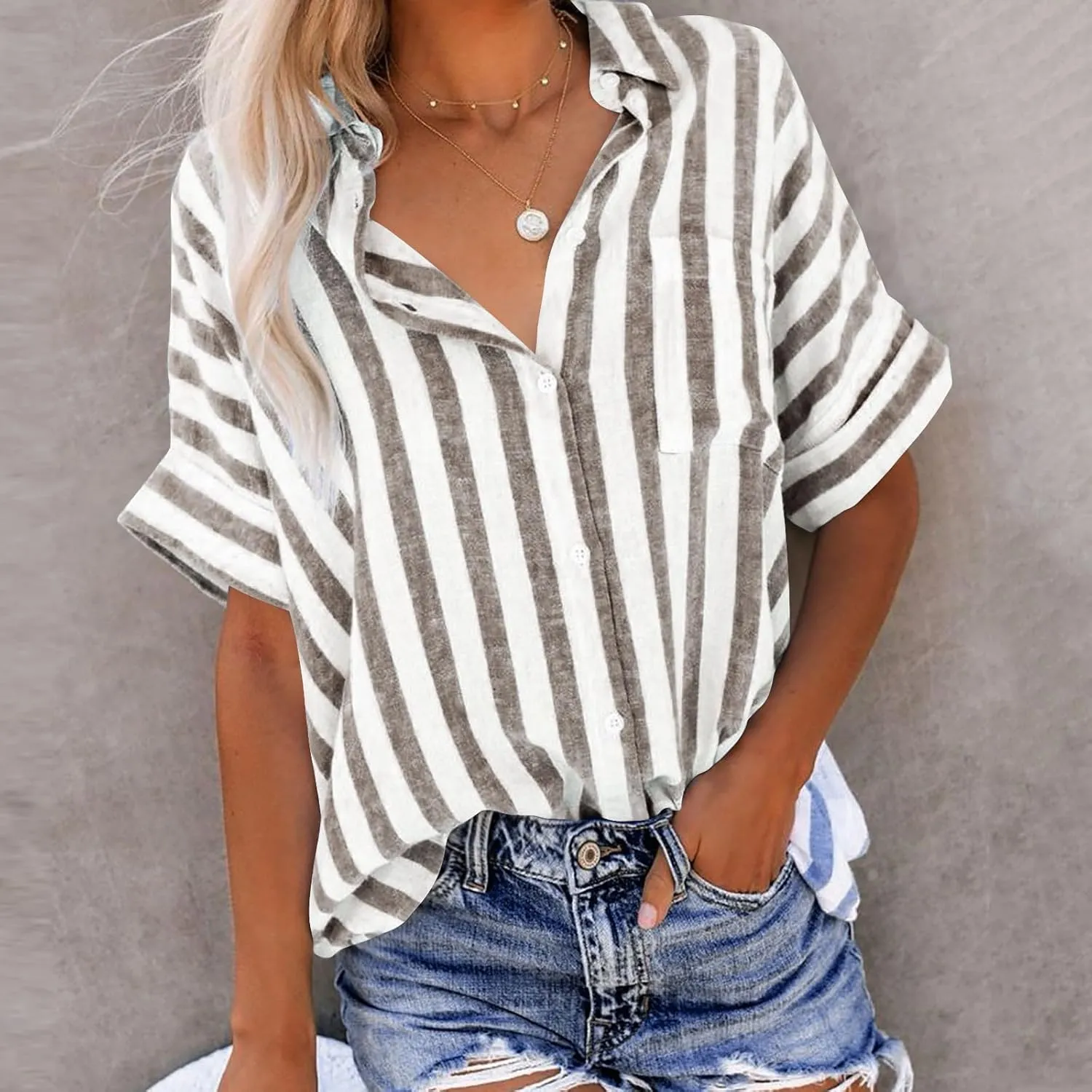 Striped Button Down Shirt Women Plus Size Business Casual Summer Short Sleeve Tops Cotton Linen Fitted Work Shirts