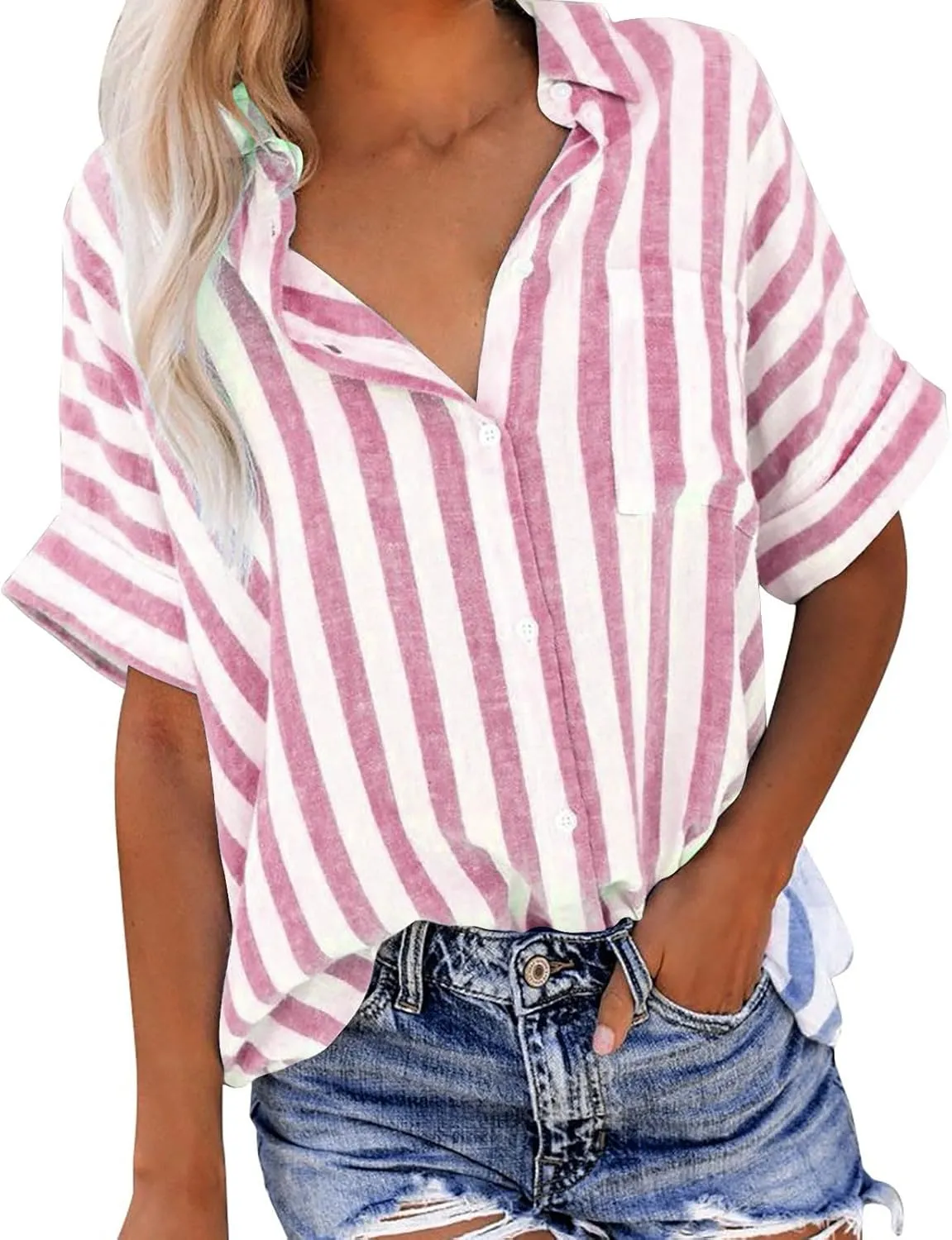 Striped Button Down Shirt Women Plus Size Business Casual Summer Short Sleeve Tops Cotton Linen Fitted Work Shirts