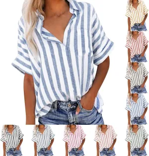 Striped Button Down Shirt Women Plus Size Business Casual Summer Short Sleeve Tops Cotton Linen Fitted Work Shirts