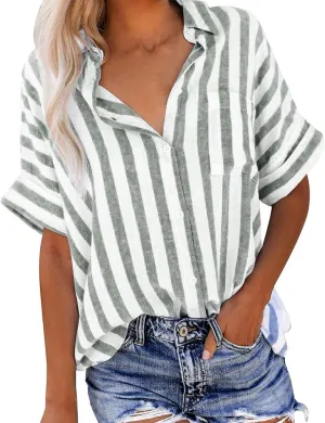 Striped Button Down Shirt Women Plus Size Business Casual Summer Short Sleeve Tops Cotton Linen Fitted Work Shirts