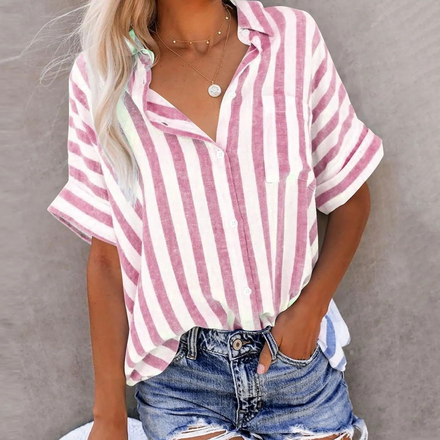 Striped Button Down Shirt Women Plus Size Business Casual Summer Short Sleeve Tops Cotton Linen Fitted Work Shirts