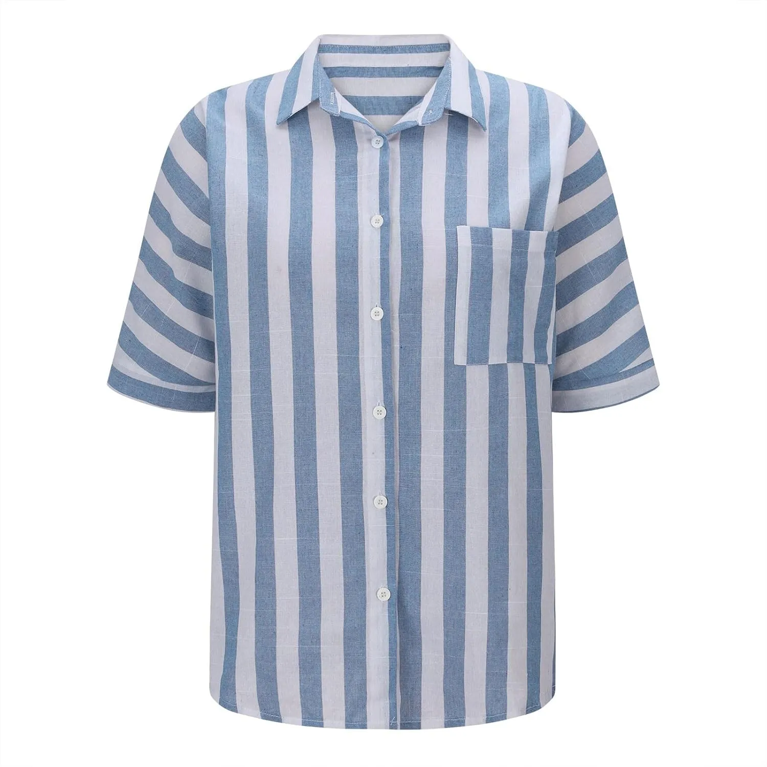 Striped Button Down Shirt Women Plus Size Business Casual Summer Short Sleeve Tops Cotton Linen Fitted Work Shirts