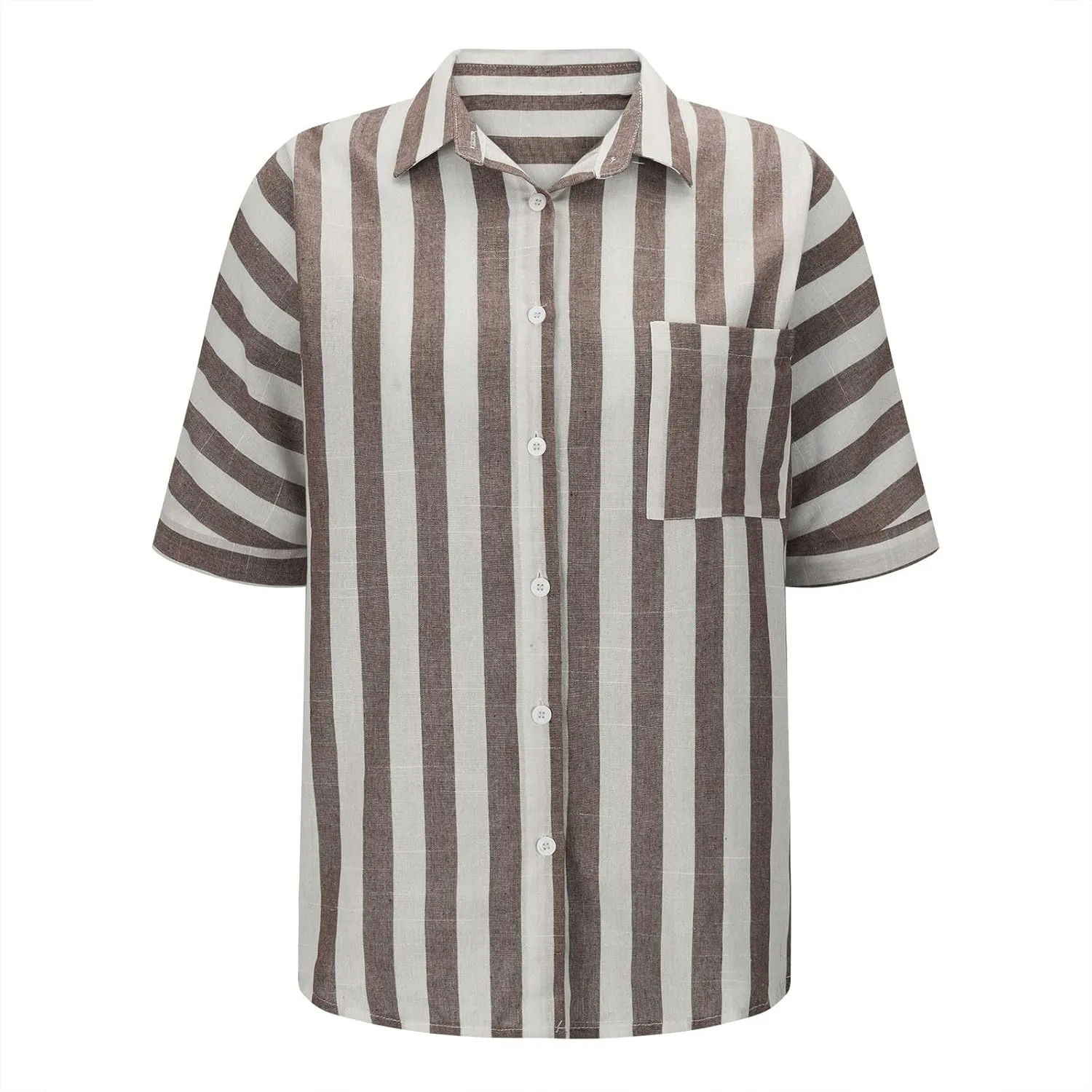 Striped Button Down Shirt Women Plus Size Business Casual Summer Short Sleeve Tops Cotton Linen Fitted Work Shirts