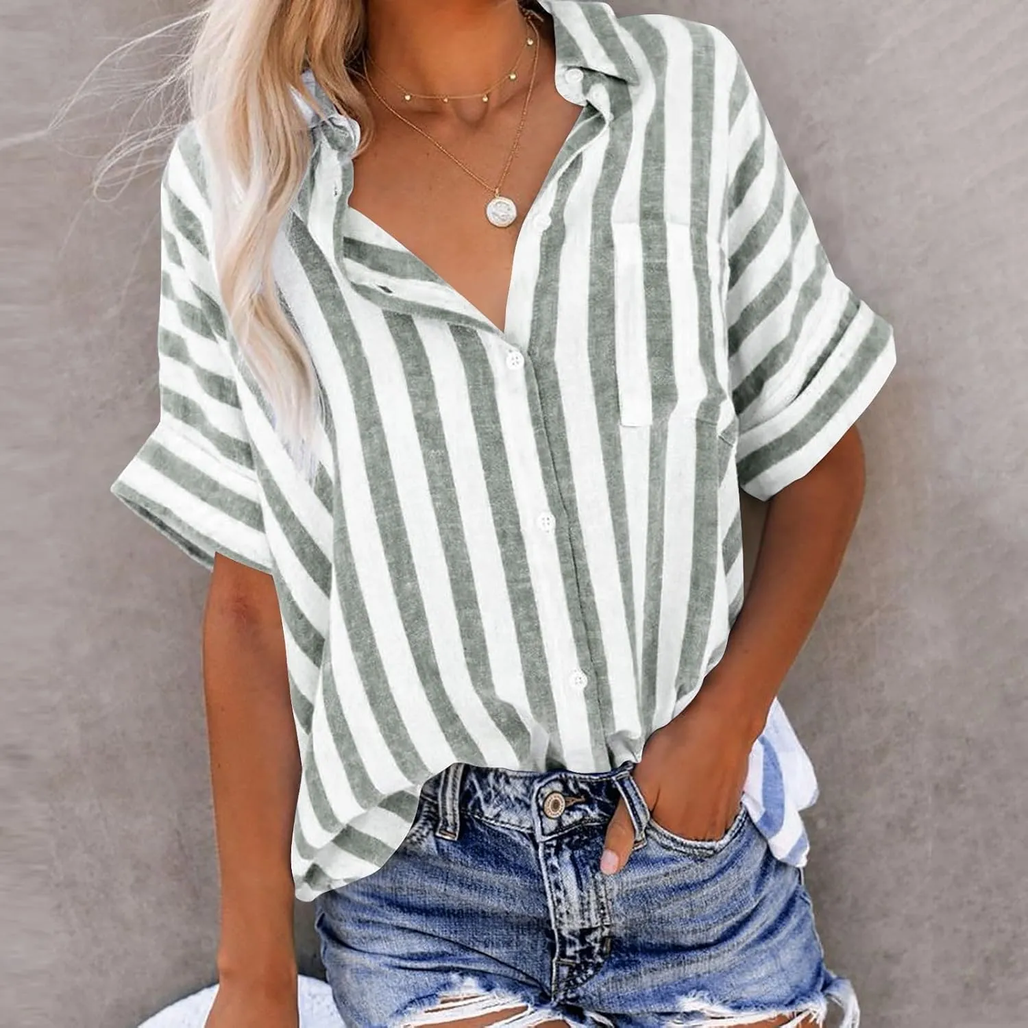 Striped Button Down Shirt Women Plus Size Business Casual Summer Short Sleeve Tops Cotton Linen Fitted Work Shirts