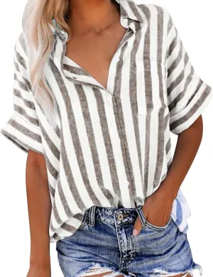 Striped Button Down Shirt Women Plus Size Business Casual Summer Short Sleeve Tops Cotton Linen Fitted Work Shirts