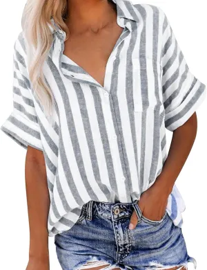Striped Button Down Shirt Women Plus Size Business Casual Summer Short Sleeve Tops Cotton Linen Fitted Work Shirts