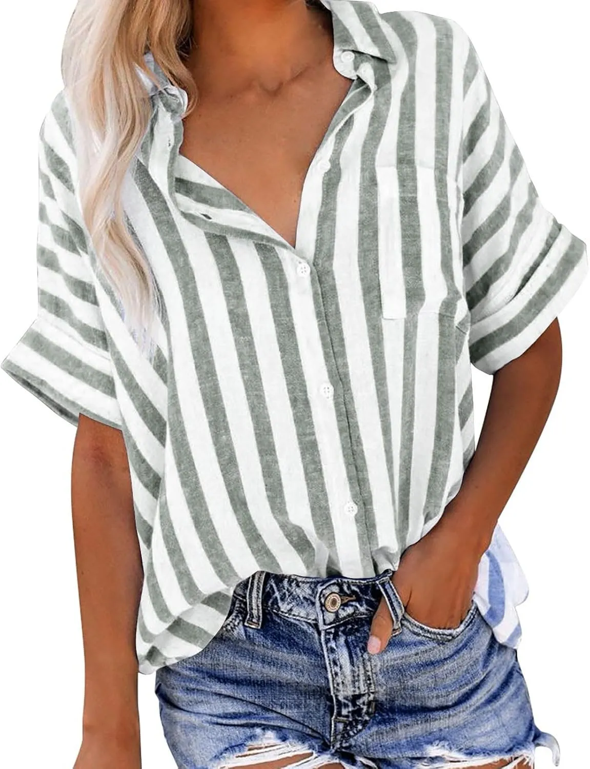 Striped Button Down Shirt Women Plus Size Business Casual Summer Short Sleeve Tops Cotton Linen Fitted Work Shirts