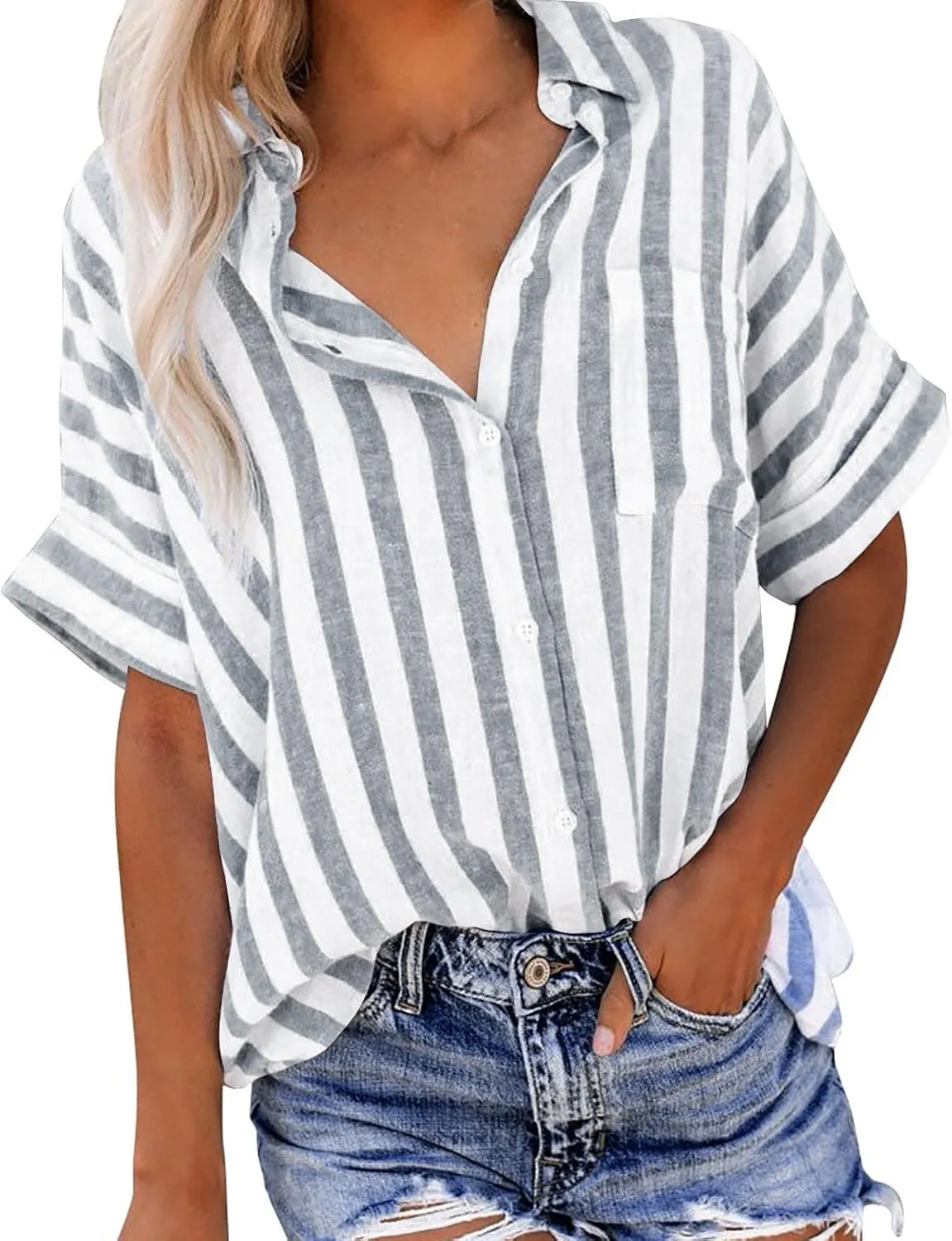 Striped Button Down Shirt Women Plus Size Business Casual Summer Short Sleeve Tops Cotton Linen Fitted Work Shirts