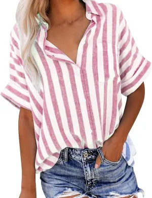 Striped Button Down Shirt Women Plus Size Business Casual Summer Short Sleeve Tops Cotton Linen Fitted Work Shirts