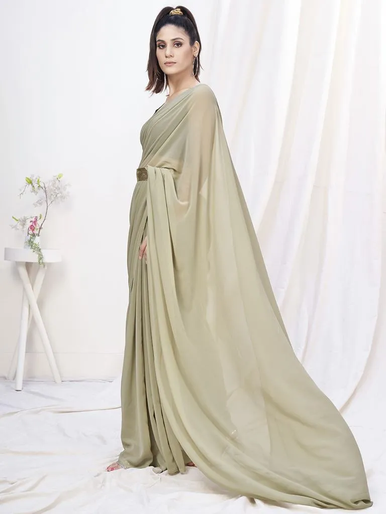 Stylish Beige Pre-Stitched Blended Silk Saree