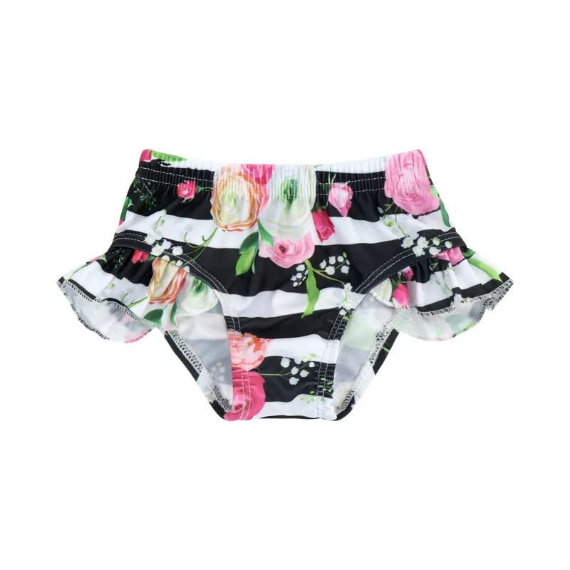 Swimsuit Cross-Border Children's Split Black and White Striped Floral Pattern with Shoulder Straps Two-Piece Set