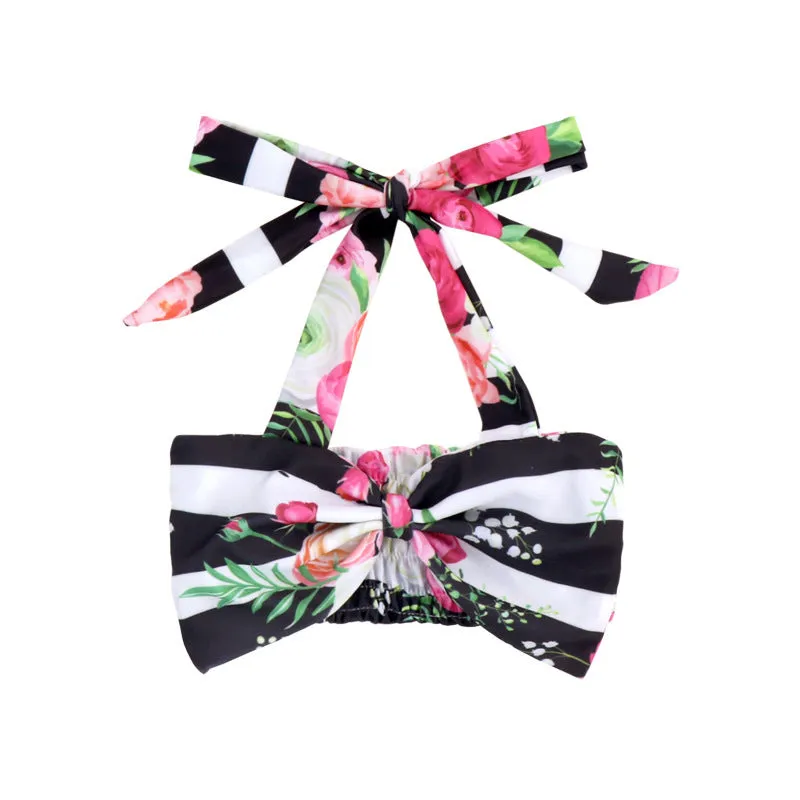 Swimsuit Cross-Border Children's Split Black and White Striped Floral Pattern with Shoulder Straps Two-Piece Set