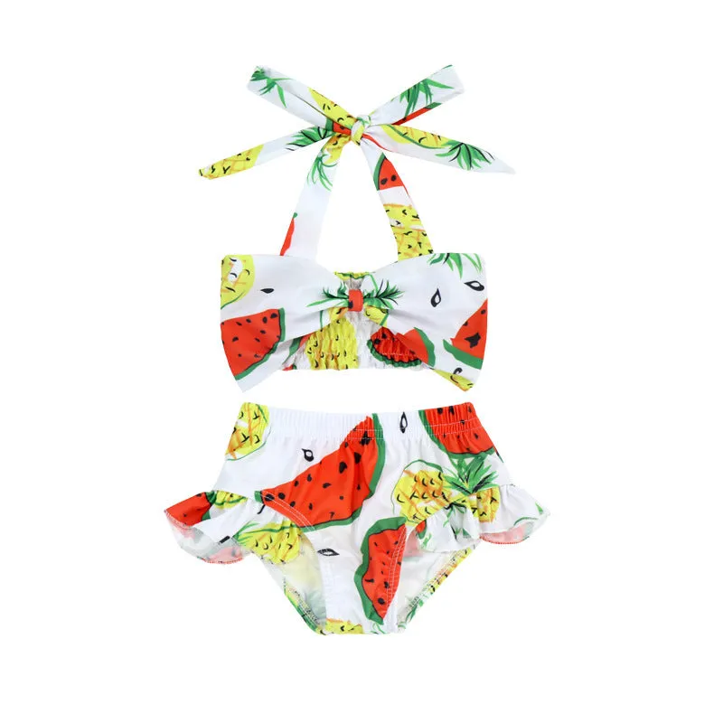 Swimsuit Cross-Border Children's Split Black and White Striped Floral Pattern with Shoulder Straps Two-Piece Set