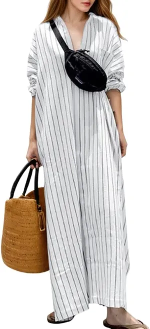 TIAFORD Women's Striped Button Down Cotton Linen Shirt Dress Spring Plus Size Loose Fit Long Sleeve Maxi Dresses for Women