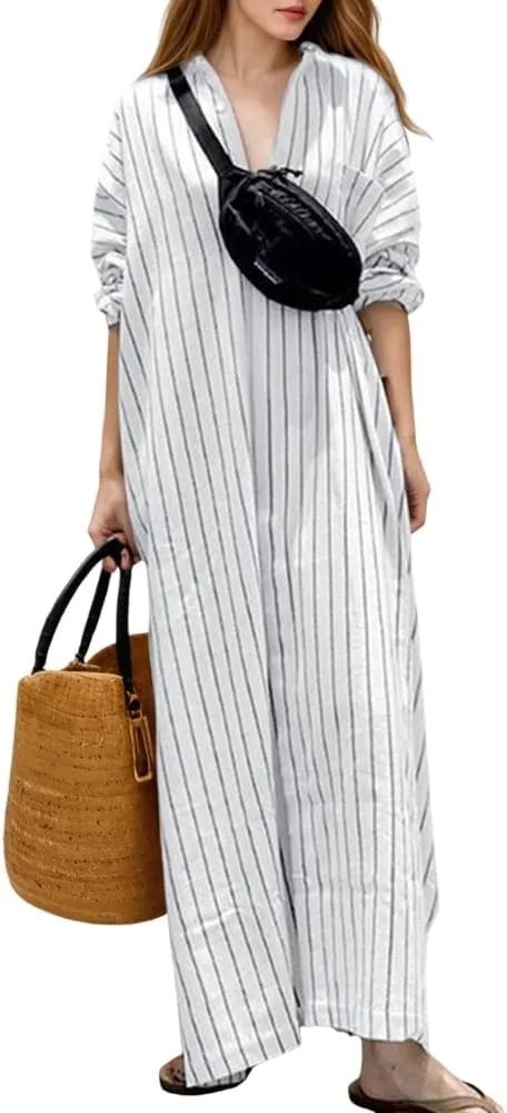 TIAFORD Women's Striped Button Down Cotton Linen Shirt Dress Spring Plus Size Loose Fit Long Sleeve Maxi Dresses for Women
