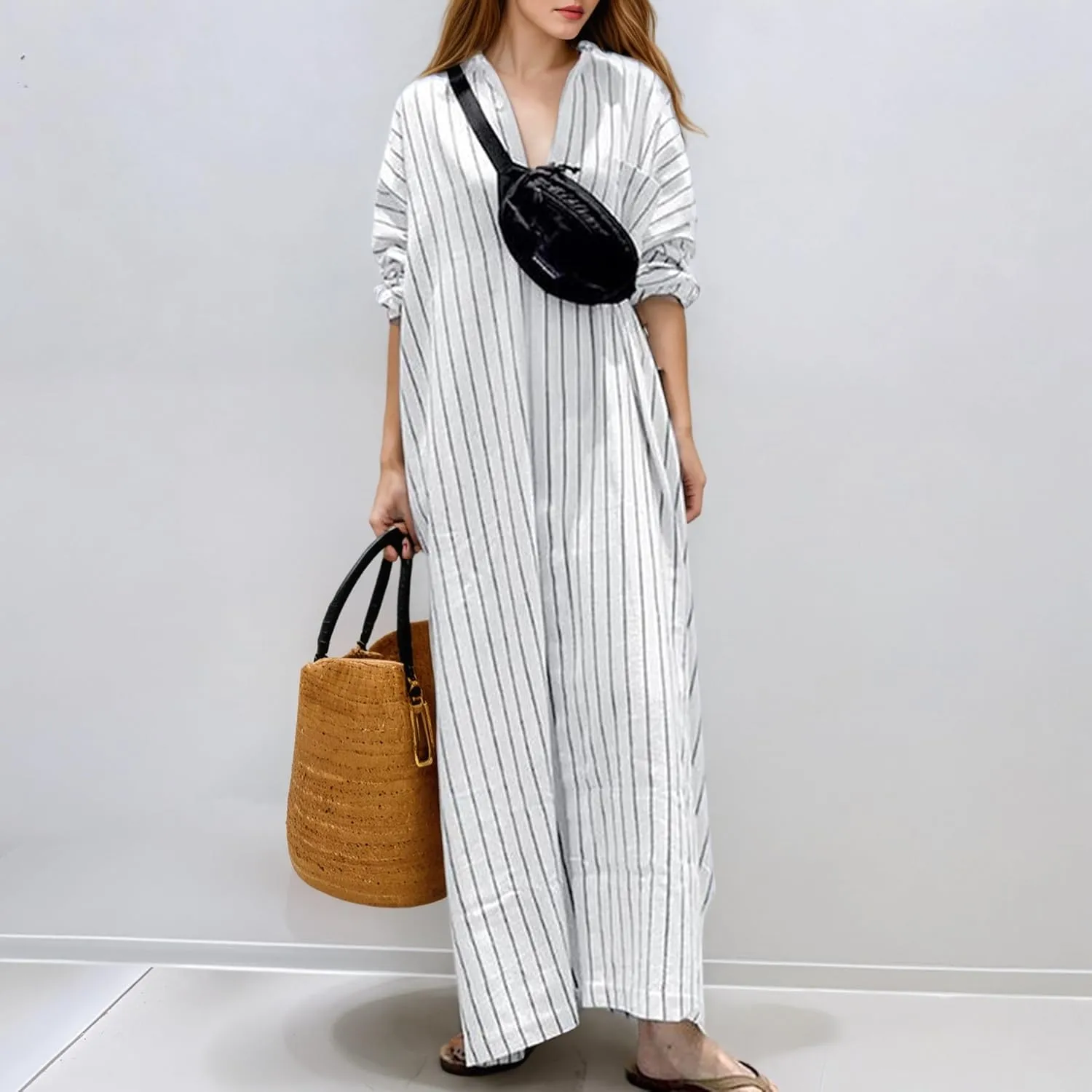 TIAFORD Women's Striped Button Down Cotton Linen Shirt Dress Spring Plus Size Loose Fit Long Sleeve Maxi Dresses for Women