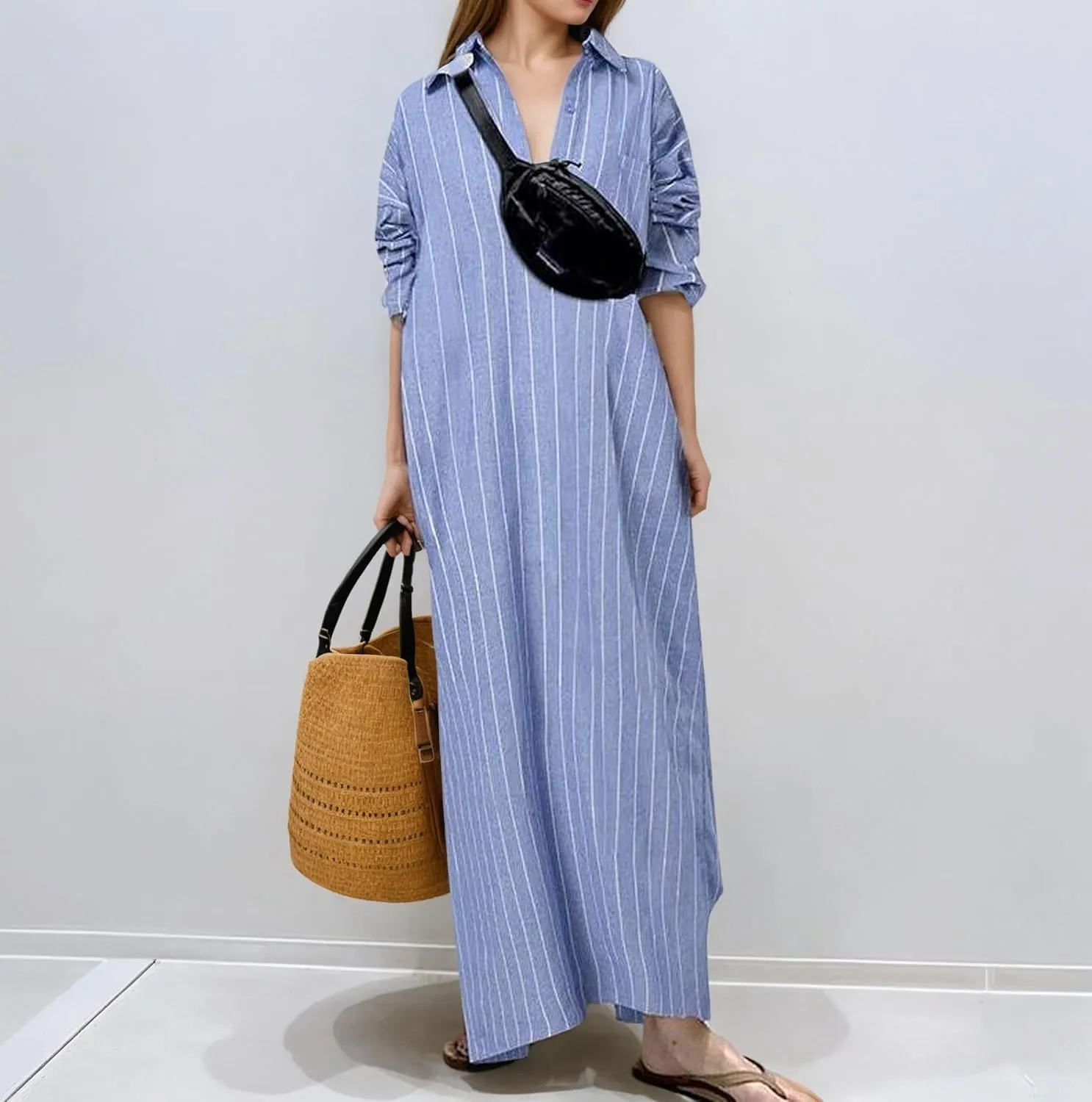 TIAFORD Women's Striped Button Down Cotton Linen Shirt Dress Spring Plus Size Loose Fit Long Sleeve Maxi Dresses for Women