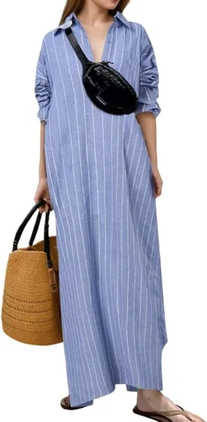 TIAFORD Women's Striped Button Down Cotton Linen Shirt Dress Spring Plus Size Loose Fit Long Sleeve Maxi Dresses for Women