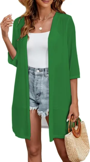 Totatuit Women 3/4 Sleeve Open Front Cardigan Sheer Kimono Swimsuit Coverups Duster