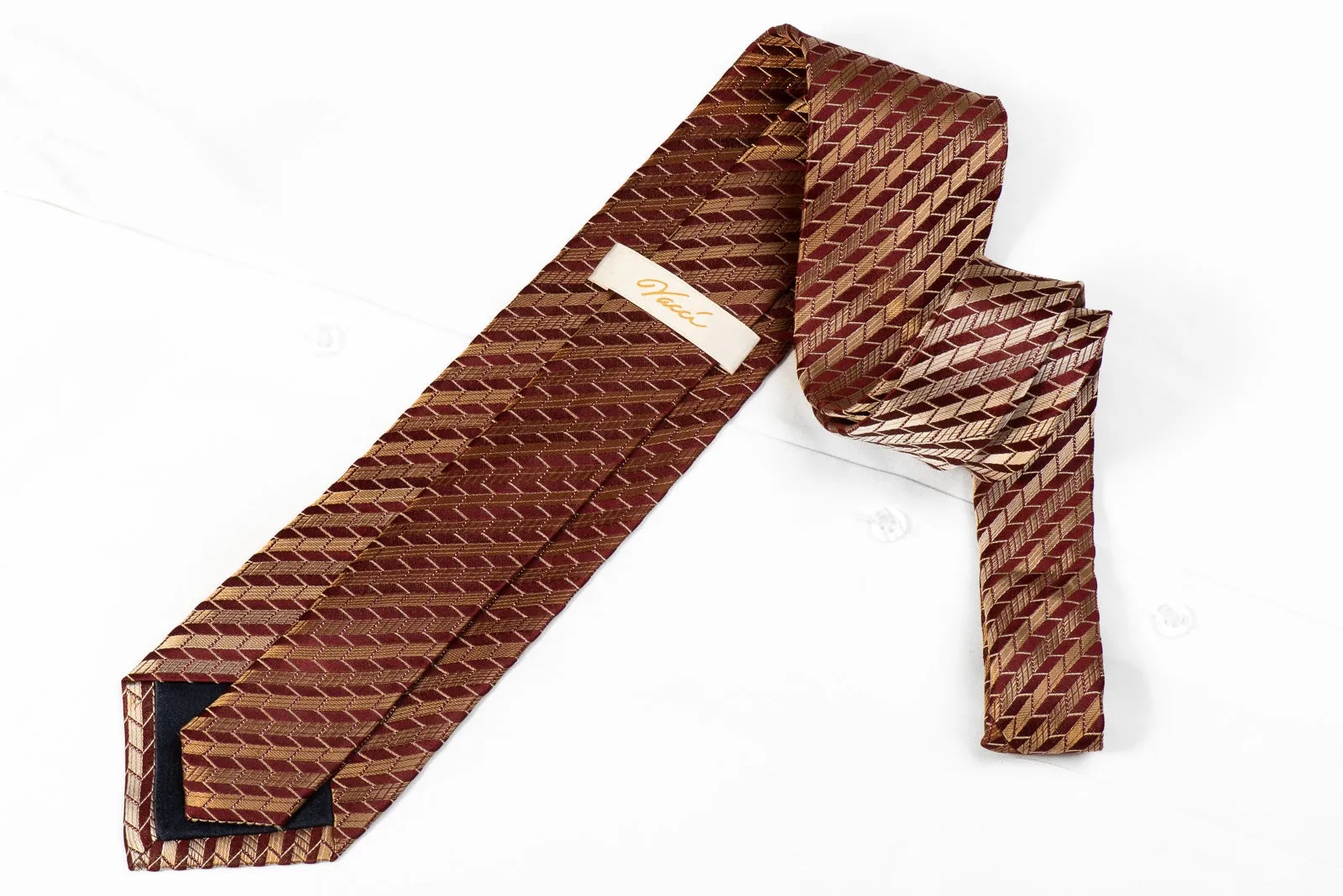 Vacci Men's Crystal Silk Tie Brown Striped On Burgundy With Sparkles