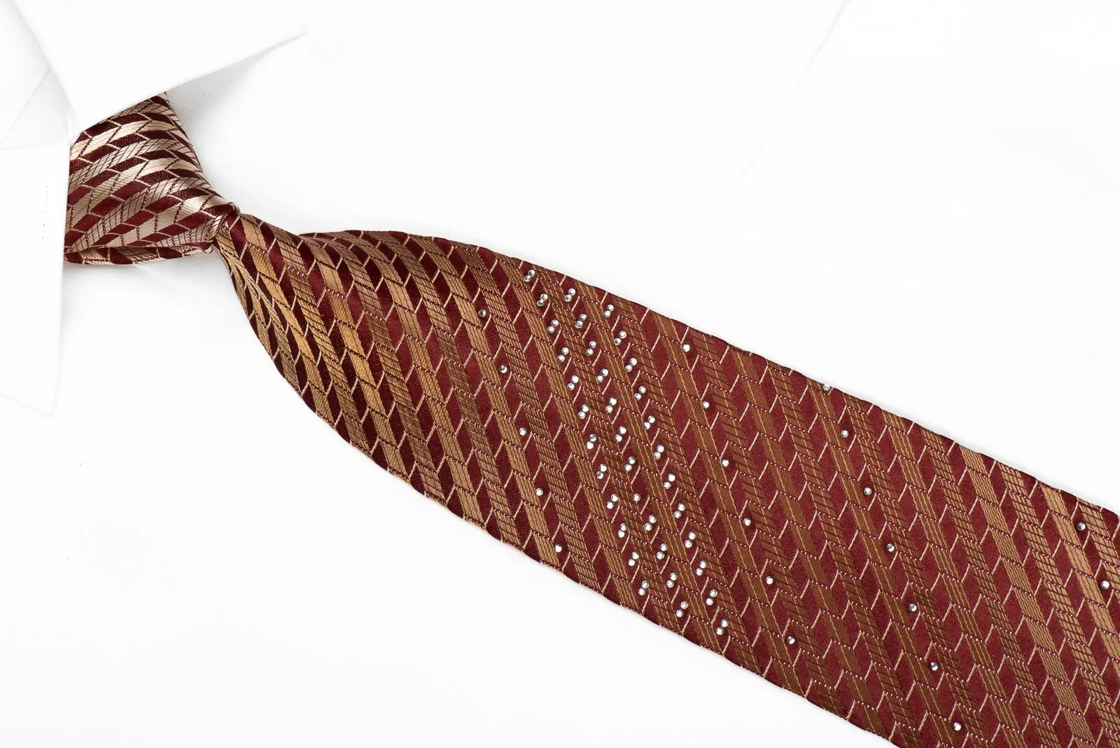 Vacci Men's Crystal Silk Tie Brown Striped On Burgundy With Sparkles