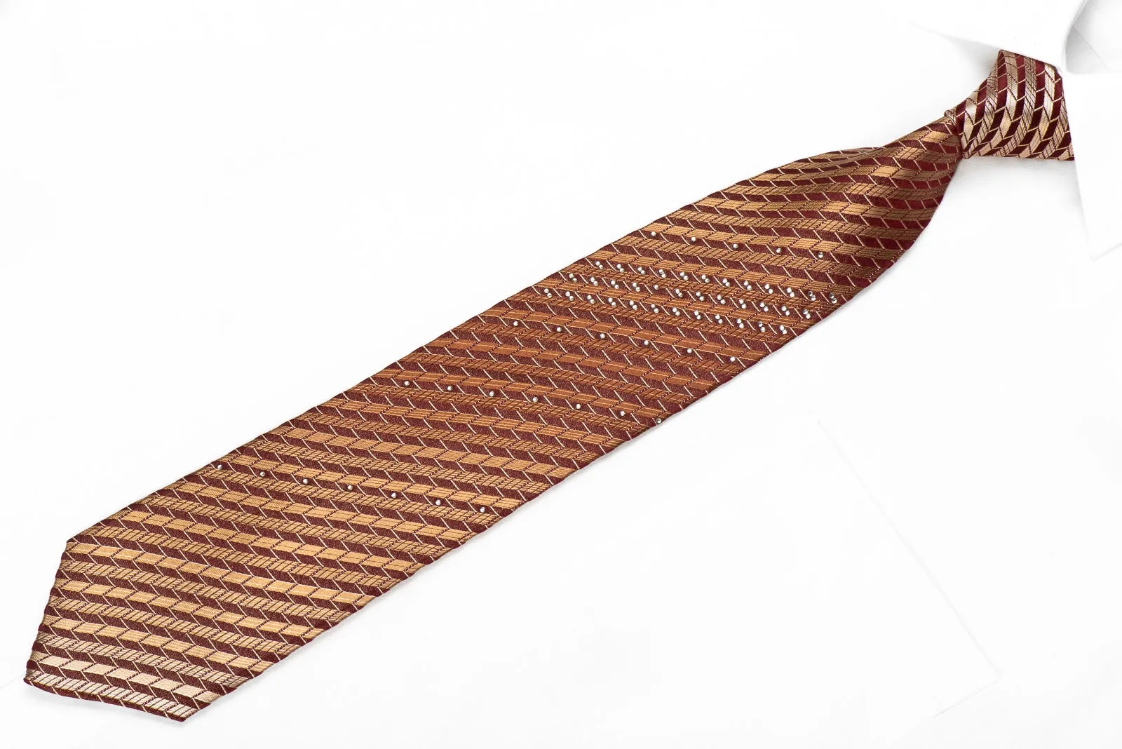 Vacci Men's Crystal Silk Tie Brown Striped On Burgundy With Sparkles