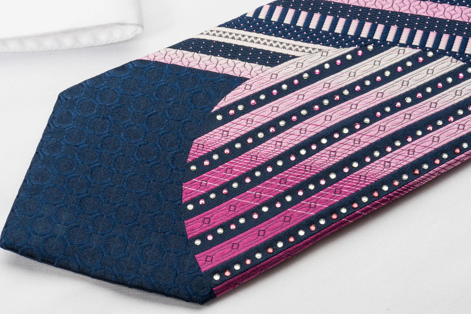 Vacci Stylish Rhinestone Necktie With Bling Pink Striped On Blue With Purple Sparkles