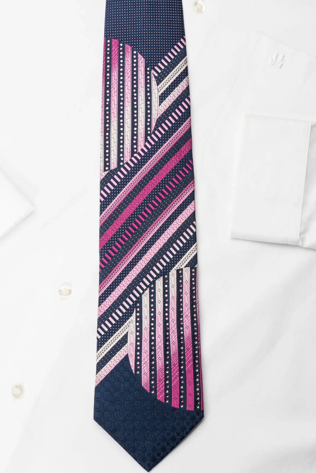 Vacci Stylish Rhinestone Necktie With Bling Pink Striped On Blue With Purple Sparkles