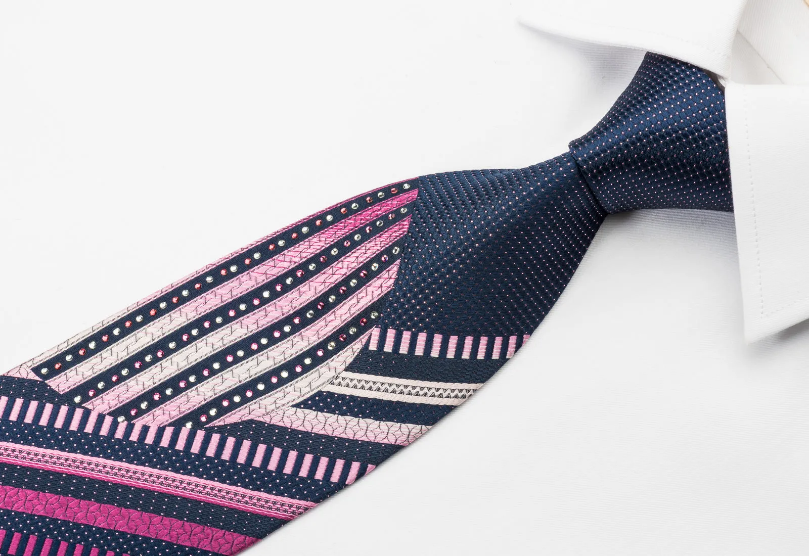 Vacci Stylish Rhinestone Necktie With Bling Pink Striped On Blue With Purple Sparkles