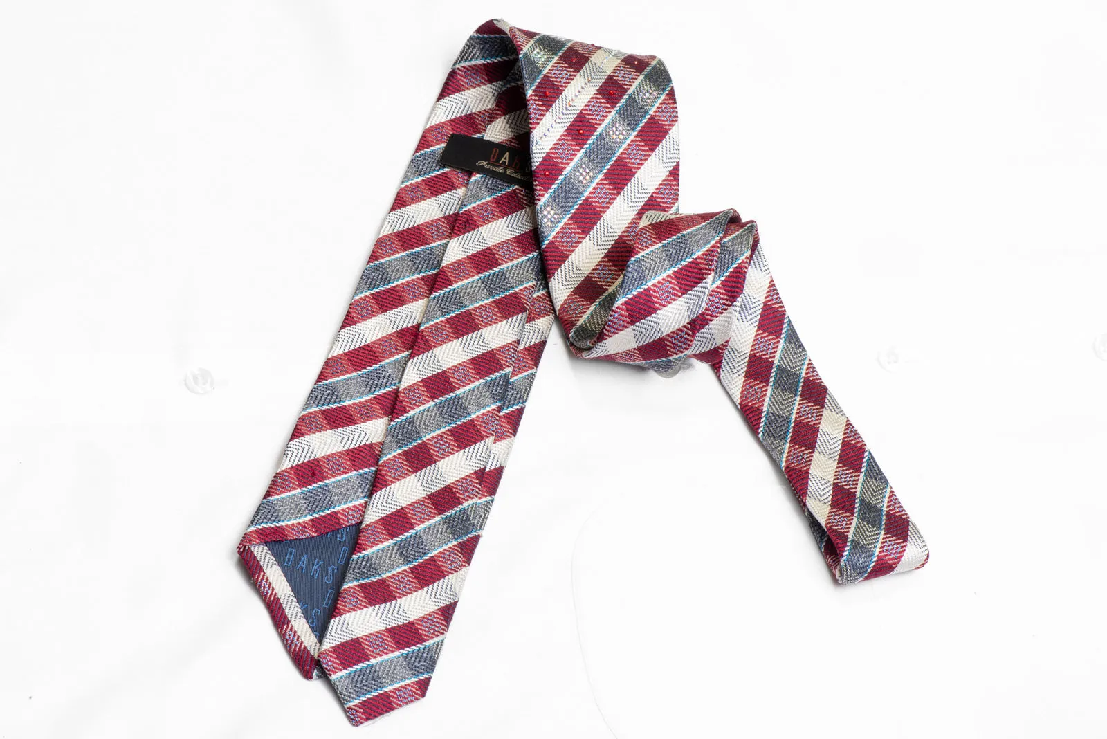 White Burgundy Gray Plaid Rhinestone Silk Necktie With Blue Sparkles