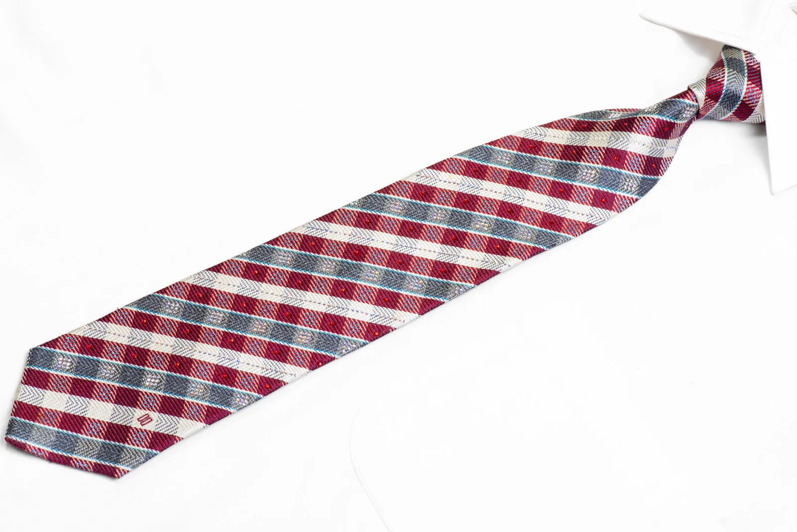 White Burgundy Gray Plaid Rhinestone Silk Necktie With Blue Sparkles
