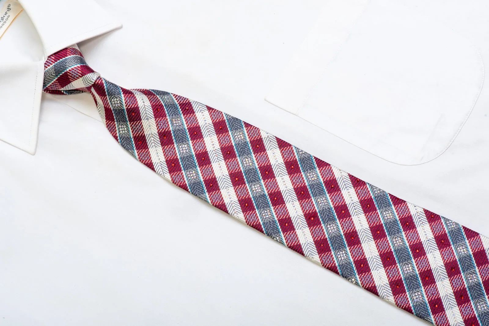 White Burgundy Gray Plaid Rhinestone Silk Necktie With Blue Sparkles