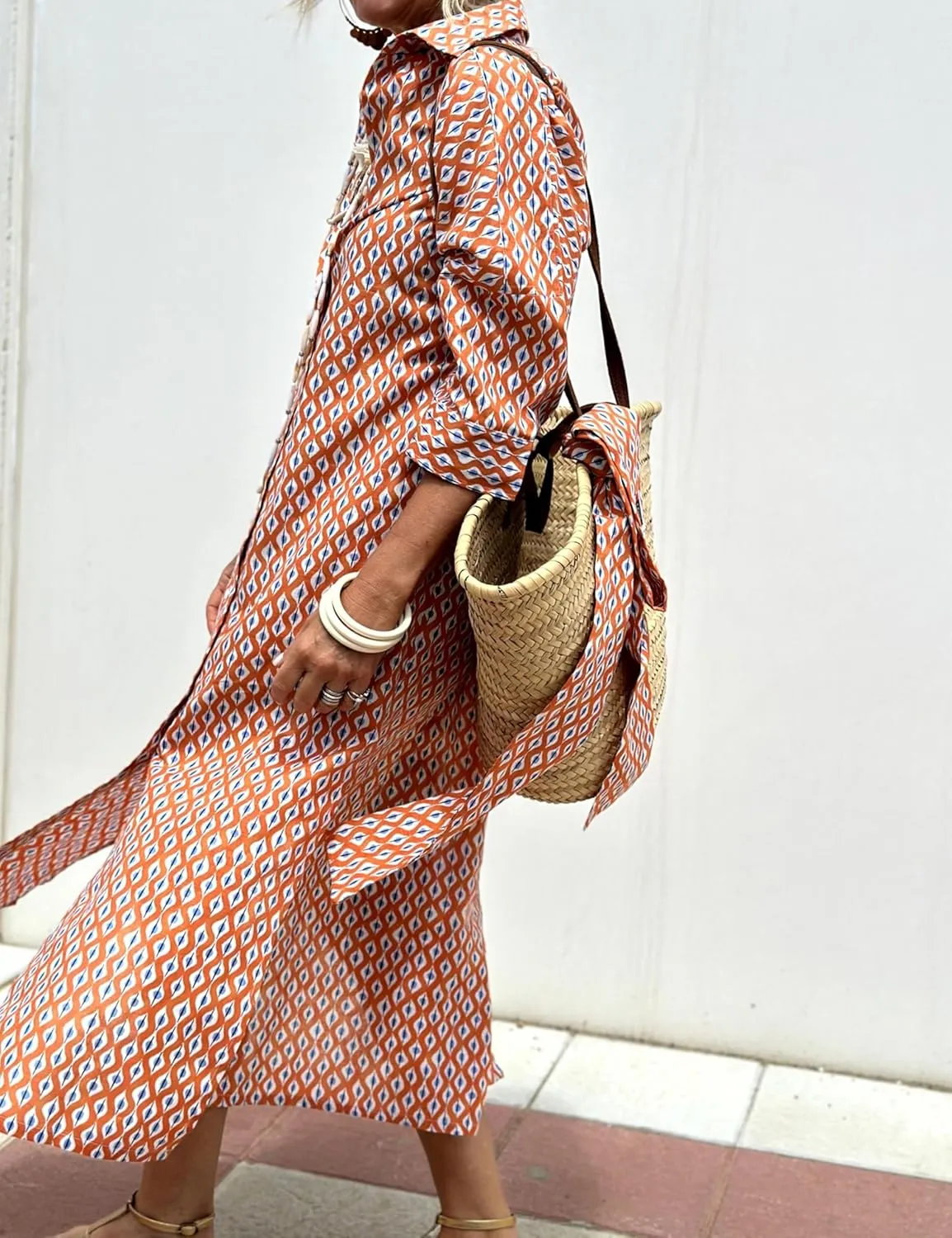 Women Button Down Striped Shirt Maxi Dress Casual Lapel 3/4 Sleeve Belted Loose Vacation Long Dresses