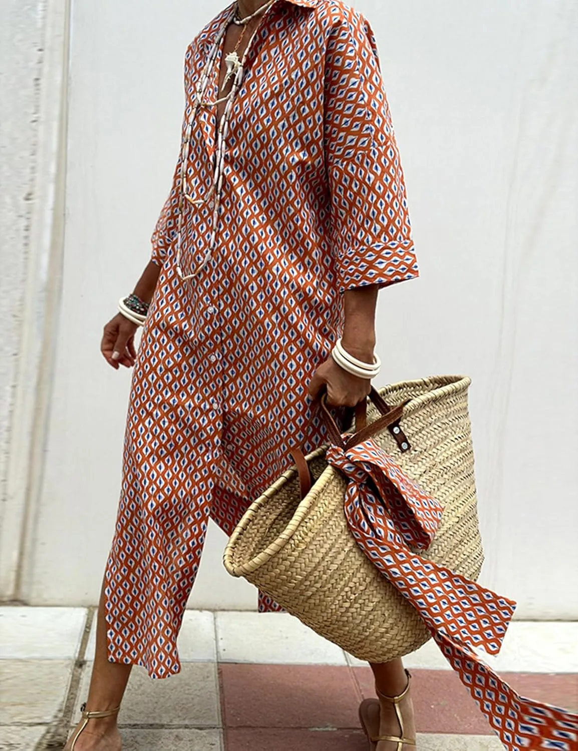 Women Button Down Striped Shirt Maxi Dress Casual Lapel 3/4 Sleeve Belted Loose Vacation Long Dresses