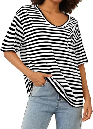 Women Oversized T Shirt Striped Short Sleeve Deep V Neck Tee Shirt Casual Loose Drop Shoulder Summer Going Out Top