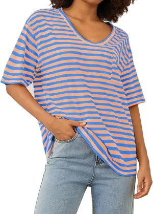 Women Oversized T Shirt Striped Short Sleeve Deep V Neck Tee Shirt Casual Loose Drop Shoulder Summer Going Out Top