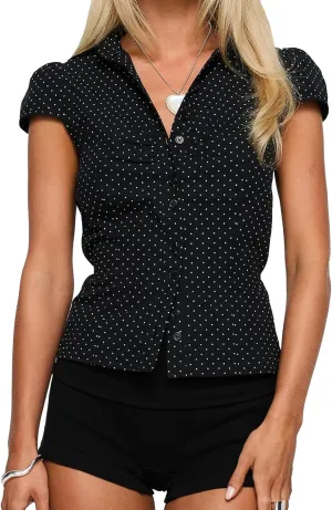 Women Y2k Coquette Button Down Shirt Cute Preppy Cap Sleeve V Neck Slim Fit Crop Top Casual 90S Vintage Blouse