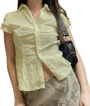 Women Y2k Coquette Button Down Shirt Cute Preppy Cap Sleeve V Neck Slim Fit Crop Top Casual 90S Vintage Blouse