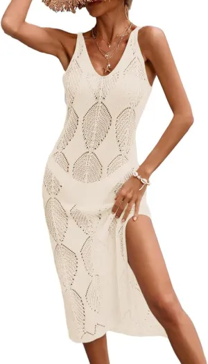 Womens Crochet Leaf Knit Beach Dresses Summer 2025 Backless V Neck Side Slit Bathing Suit Cover Up Midi Dress