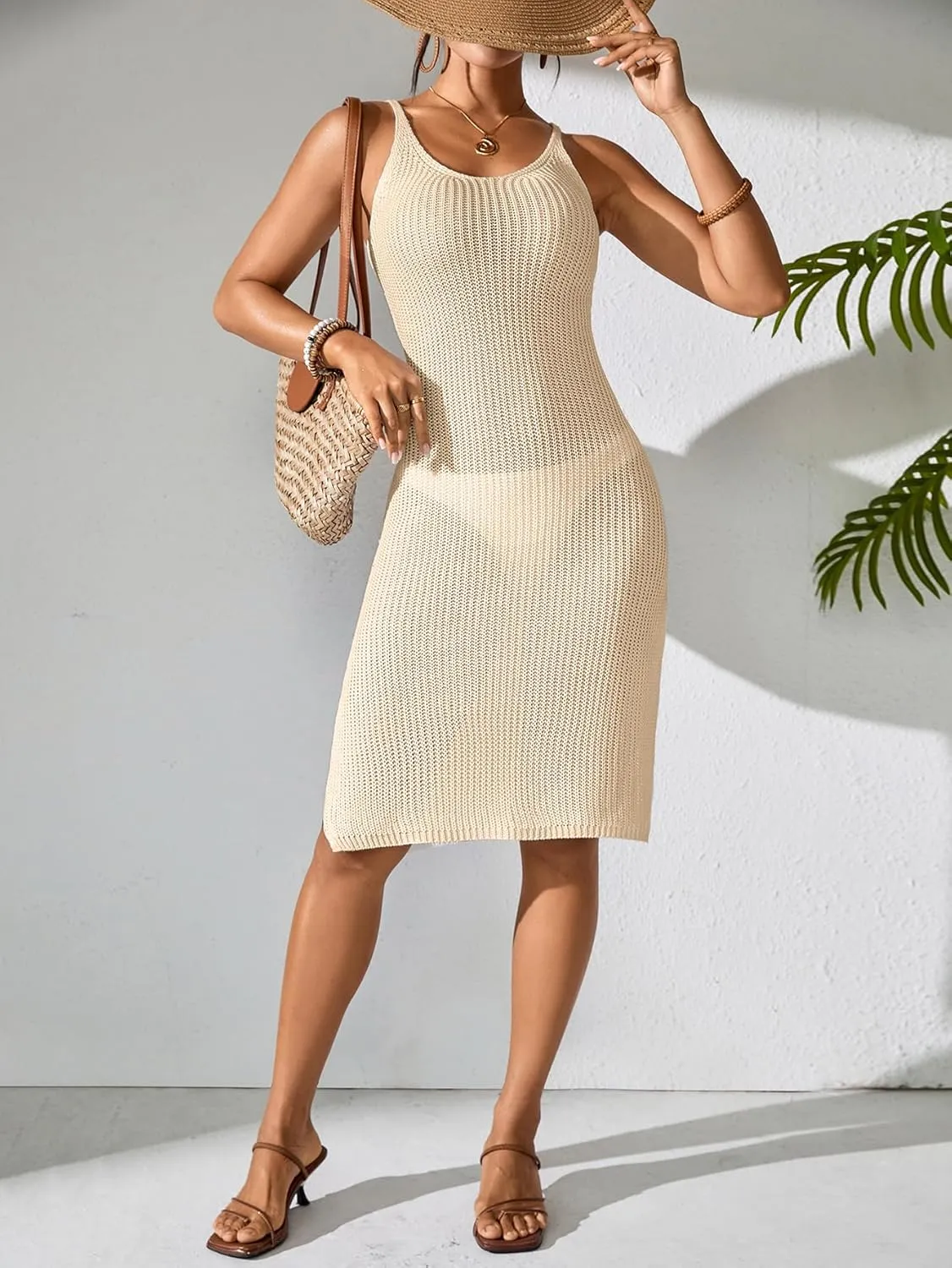 Womens Crochet Slim Fit Beach Dresses Summer 2025 Backless Scoop Neck Side Slit Bathing Suit Cover Up Midi Dress