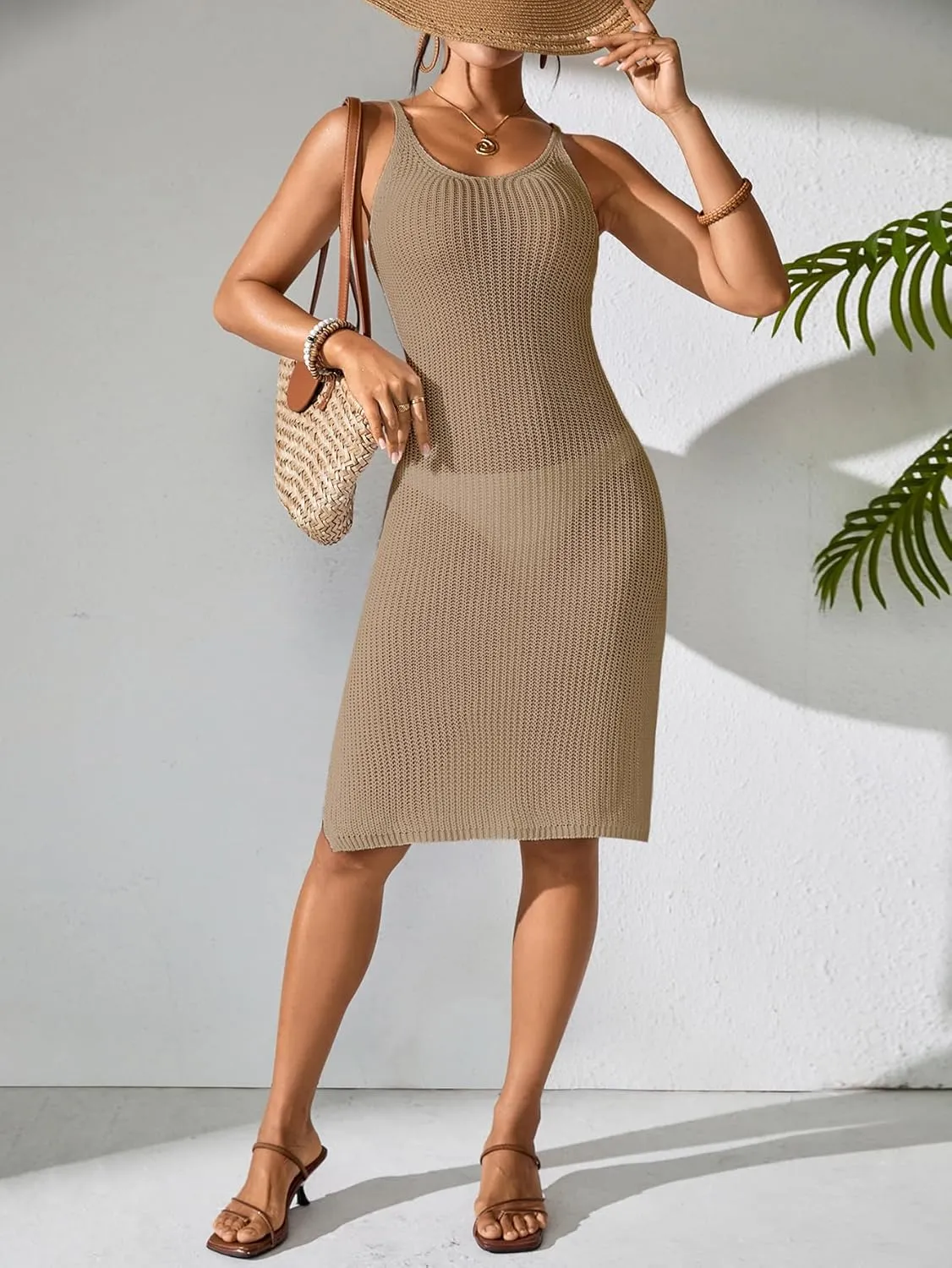 Womens Crochet Slim Fit Beach Dresses Summer 2025 Backless Scoop Neck Side Slit Bathing Suit Cover Up Midi Dress